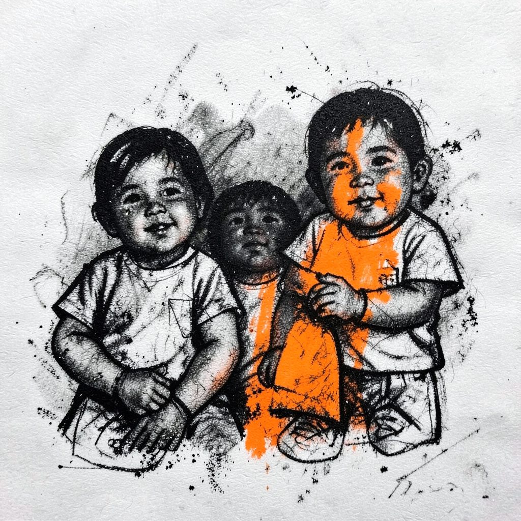 Dibujo al carboncillo de un grupo de jóvenes sentados en círculo en un aula, ambiente de taller, tonos grises suaves